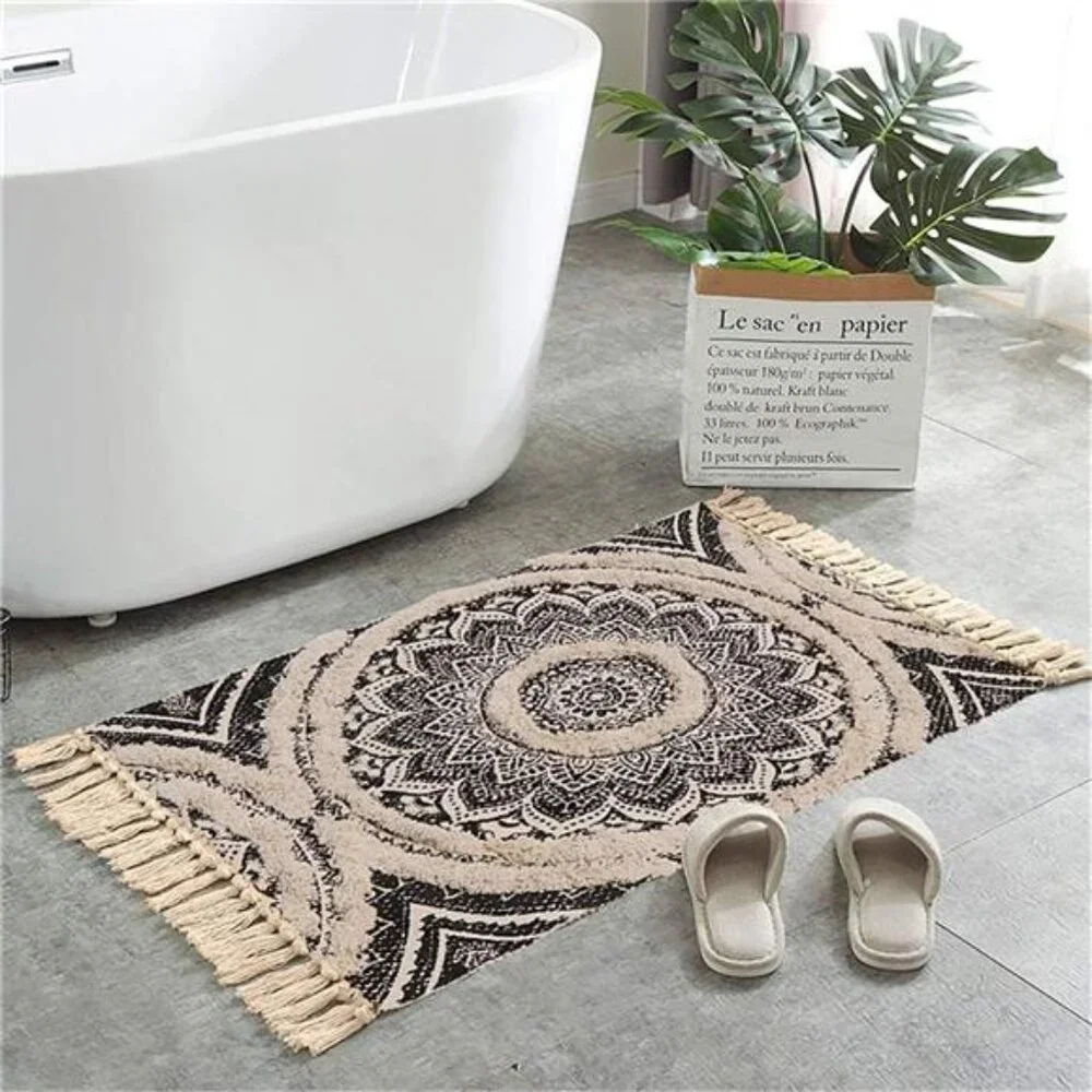 Cotton Rug, 2X3 Black Mandala Boho Rug, Hand Woven Bohemian Throw Rugs - Picture 2 of 7